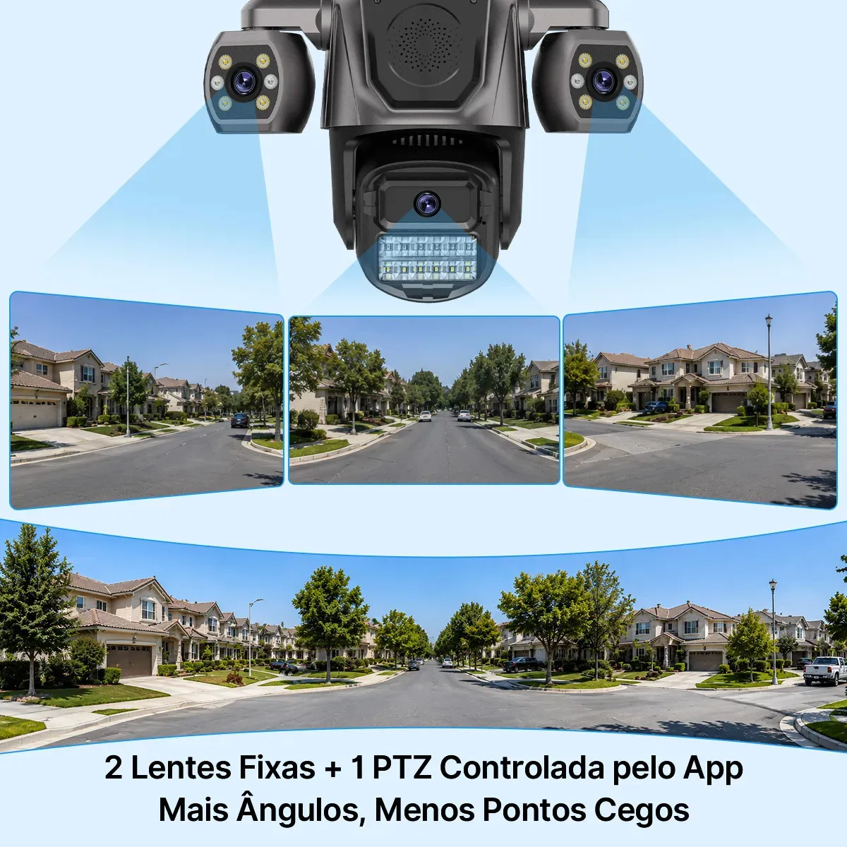 Duas lentes fixas e uma lente PTZ controlada pelo aplicativo